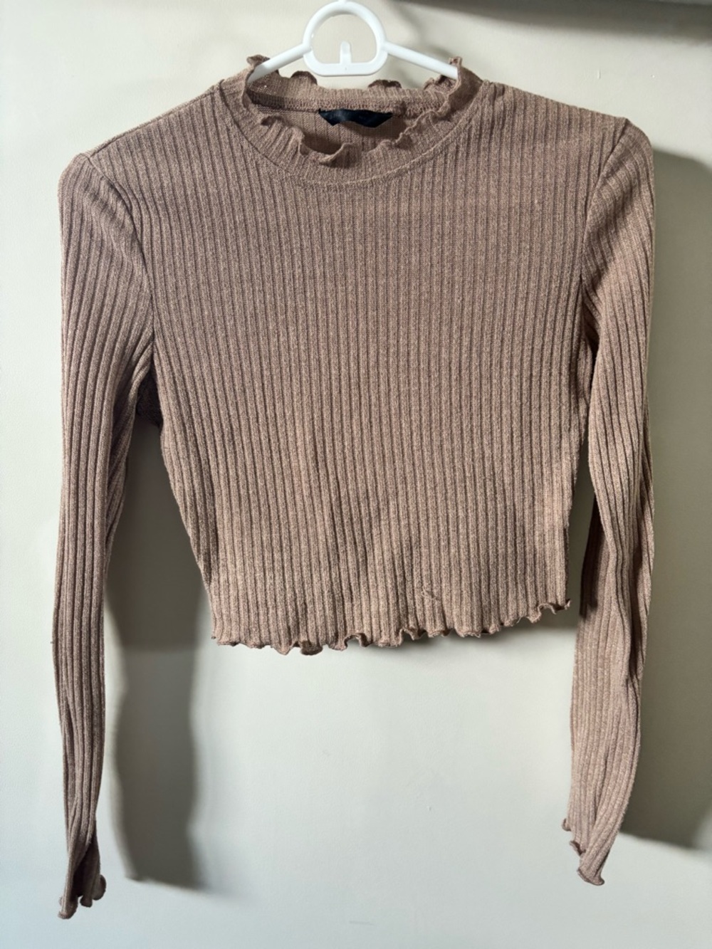 SHEIN Ribbed Mock Neck Lettuce-Edge Long Sleeve Crop Top - Brown